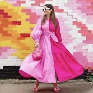 Christopher John Rogers Two-Tone Pink Balloon & Fitted Sleeve Maxi Dress